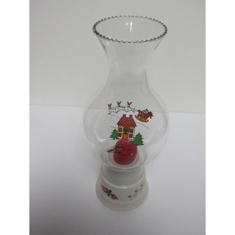 Brazil Glass Beaded Rim Hurricane Lamp & Ceramic Candle Holder Santa Sleigh XMAS